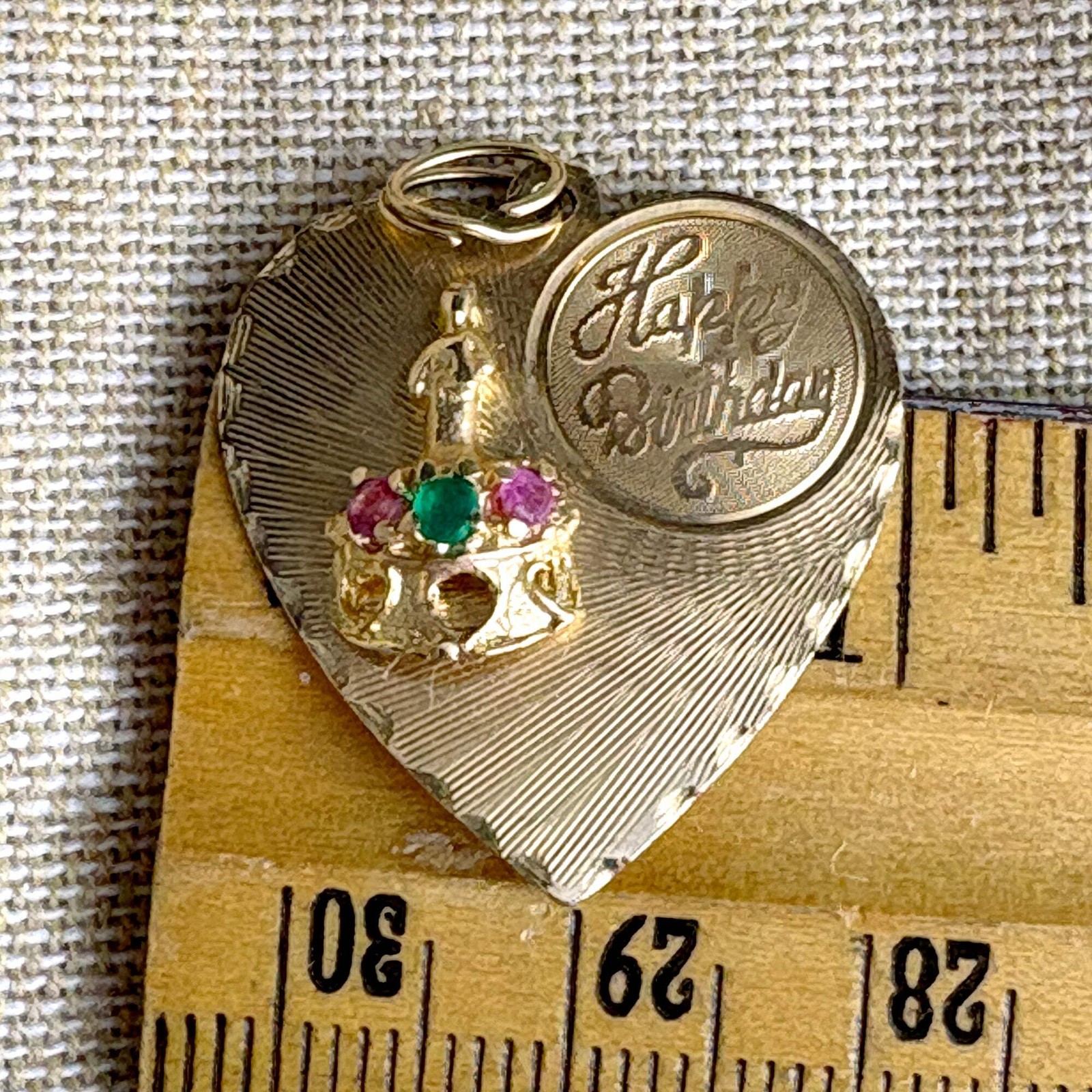 1960s 14K Happy Birthday heart charm – pink and green stones – 3.37 gms