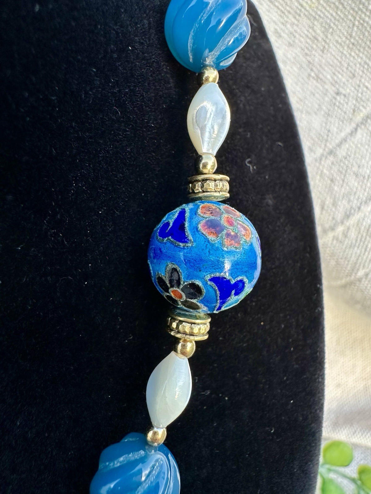 36” Vtg Cloisonné Pendant Tassel Beaded Necklace Mother Of Pearl Chinoiserie