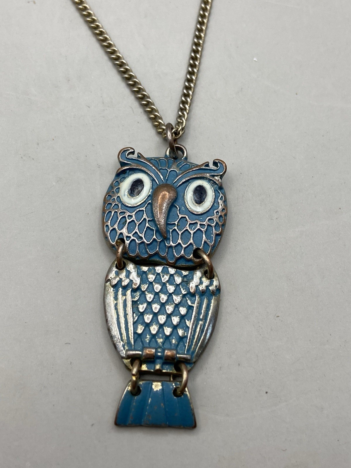 Small Vintage Owl Pendant, Dangle, Retro, Chain Link Articulated Silver Tone