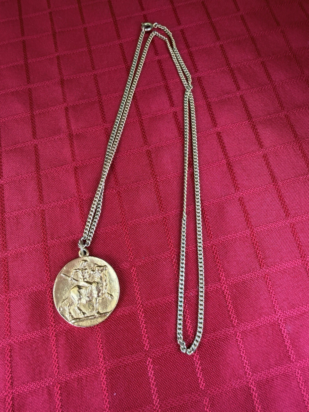 Alva Museum Replicas Gold Tone Youth Riding Bull Medallion Pendant Necklace 25”