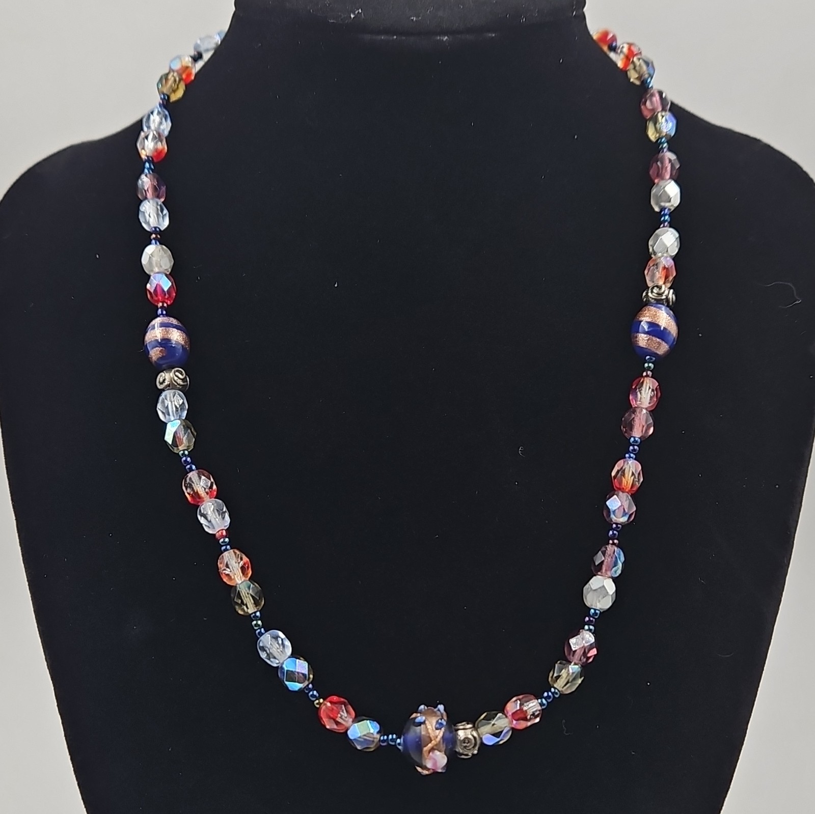 Artisan Glass Beaded Necklace Red Blue Clear Crystal Foil Beads Toggle Clasp VTG