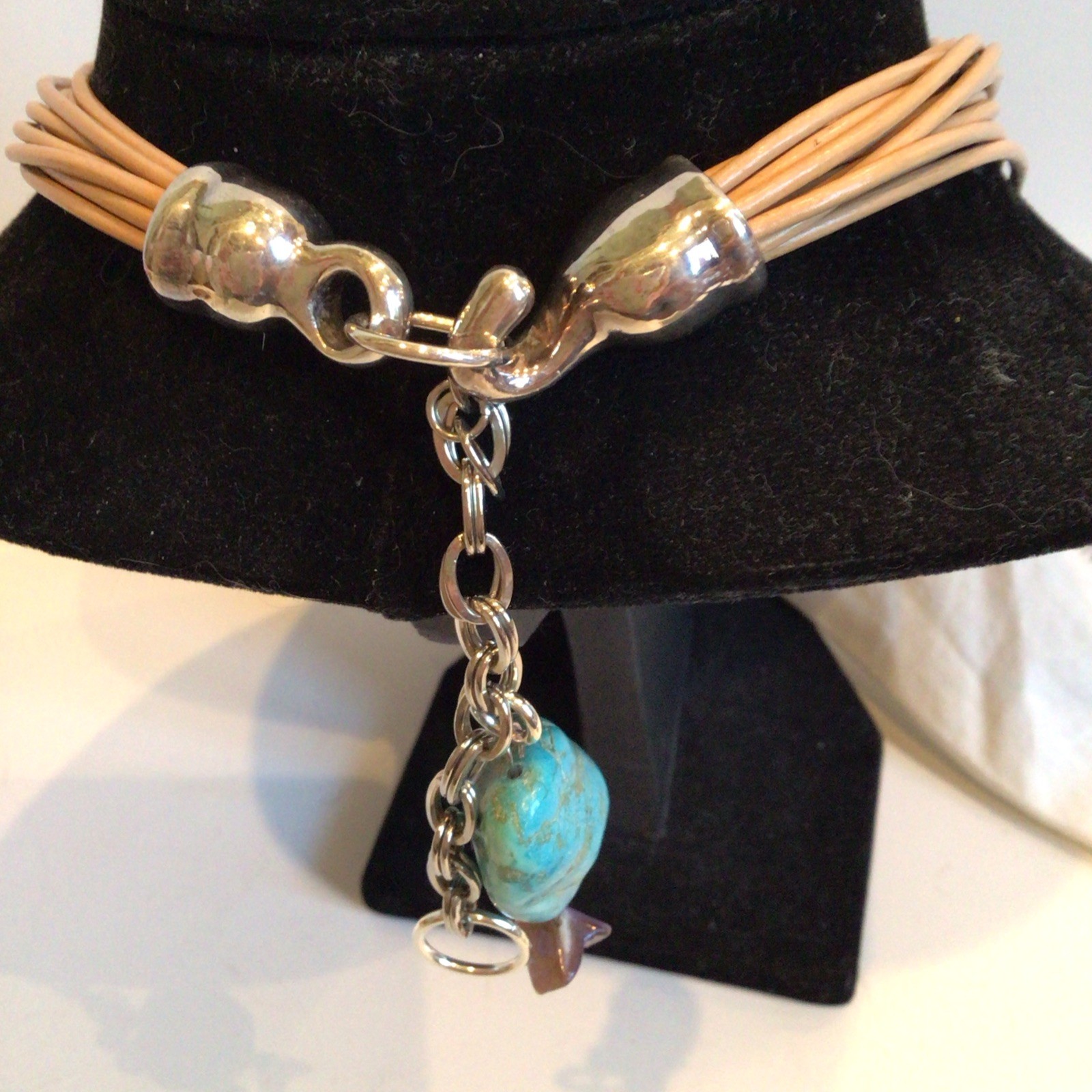 SPECIAL SEBBAG VON MUSULIN NECKLACE STERLING TURQUOISE LEATHER W PENDANT,EXTEND