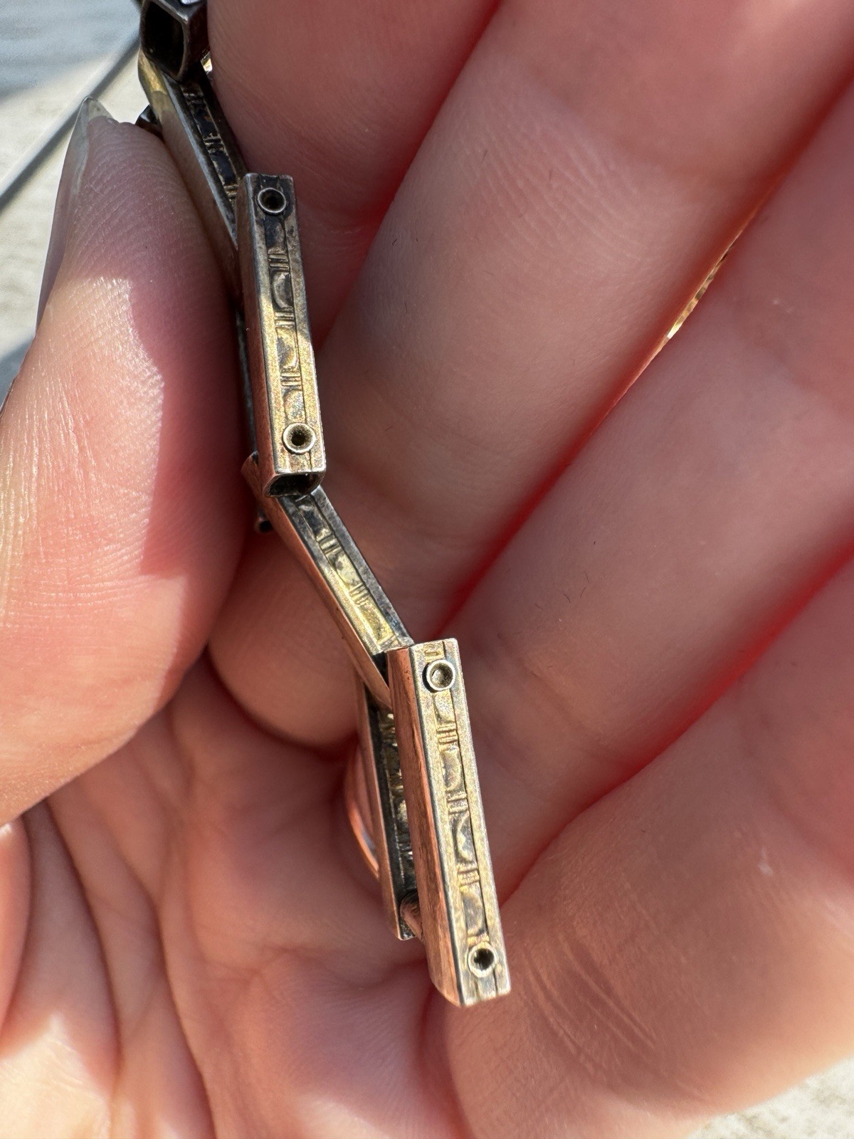 Art Deco Embossed Articulated Link Chain Sterling Silver Bracelet