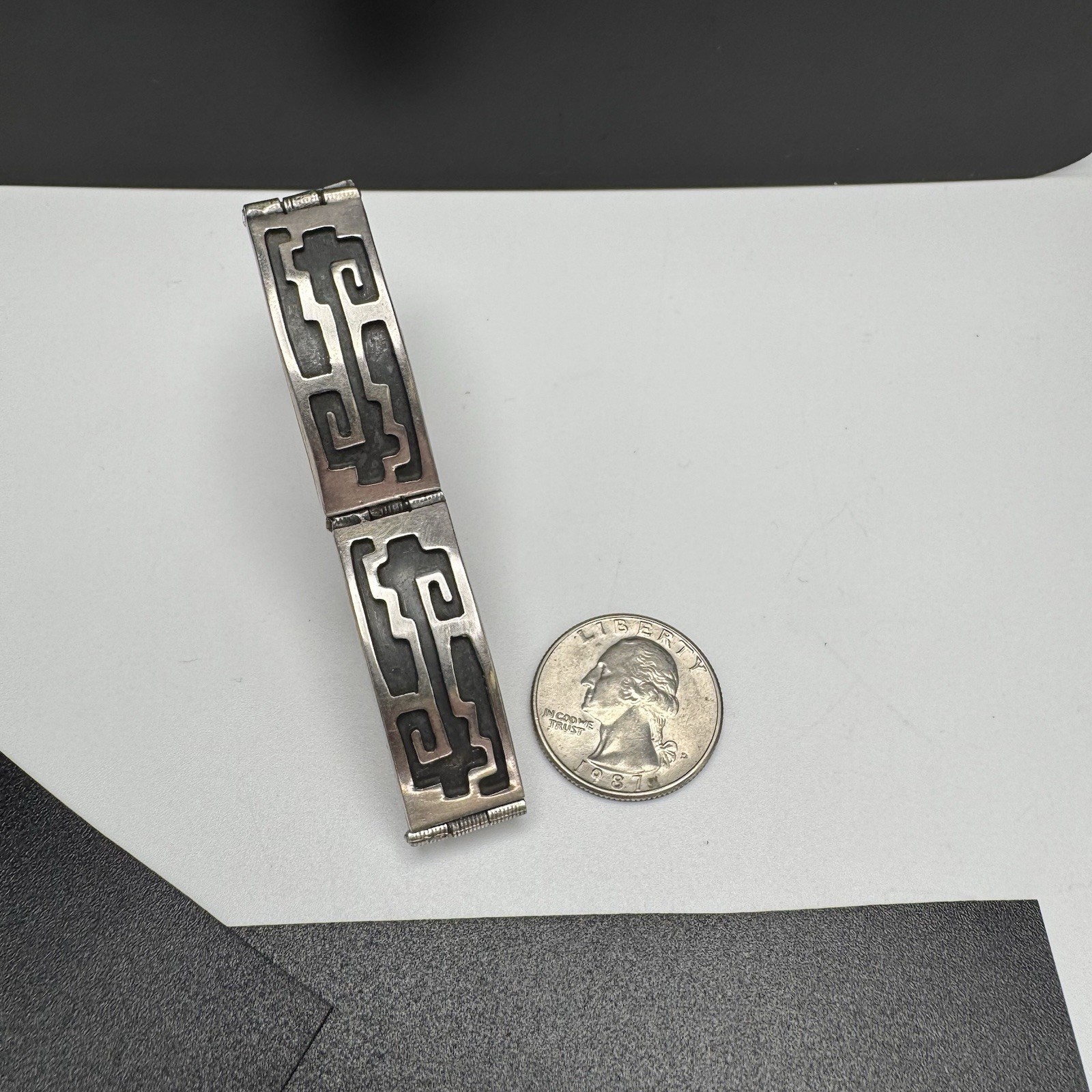 Vtg Mexican Sterling Silver Panel Bracelet Geometric Design IF-09 MEX925 32.9g