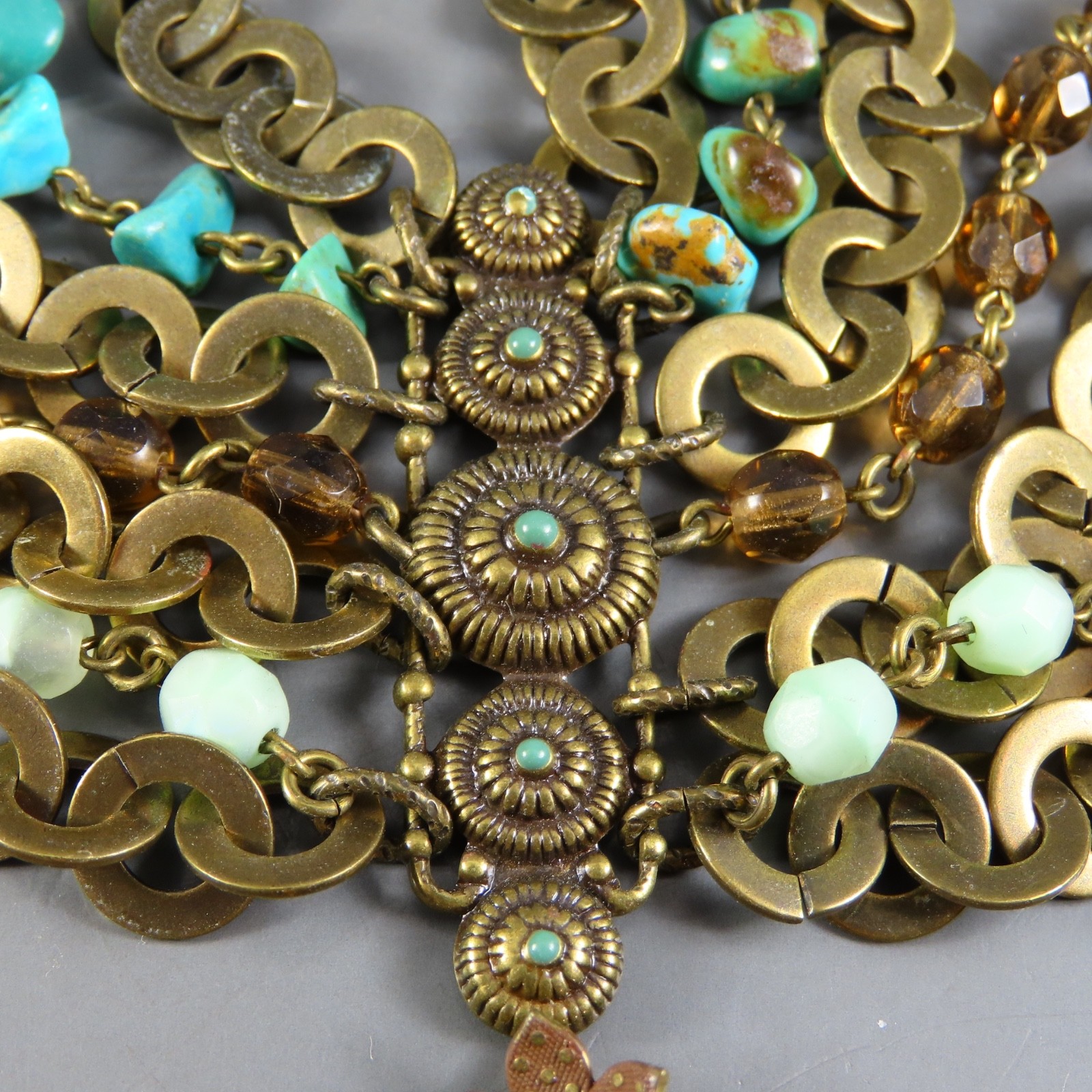 VTG Satellite Beaded Necklace BRONZE TONE Turquoise AGATE PENDANT Blue Brown