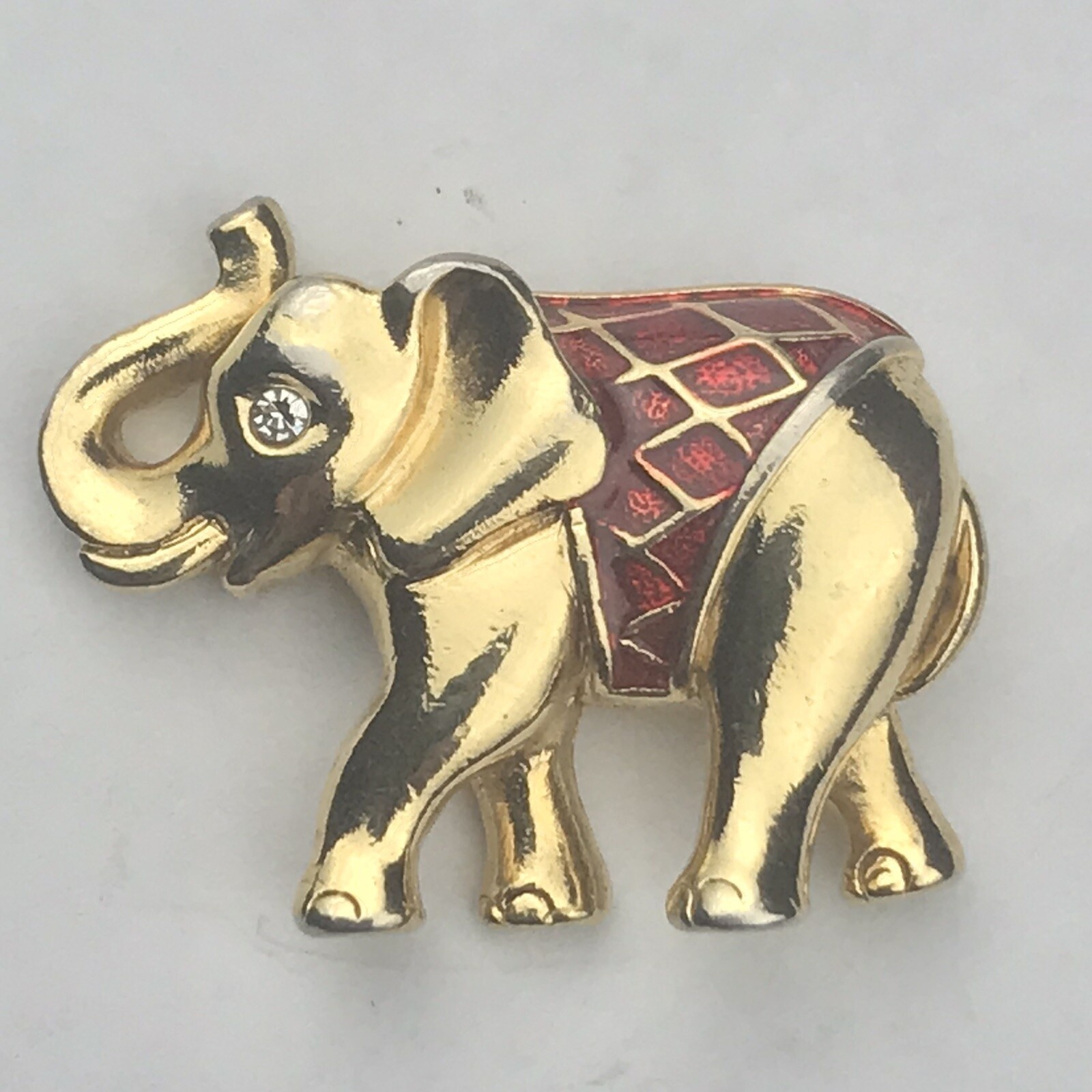 Vintage Gold Red Enamel Elephant Pin Brooch Trunk Up Good Luck Charm