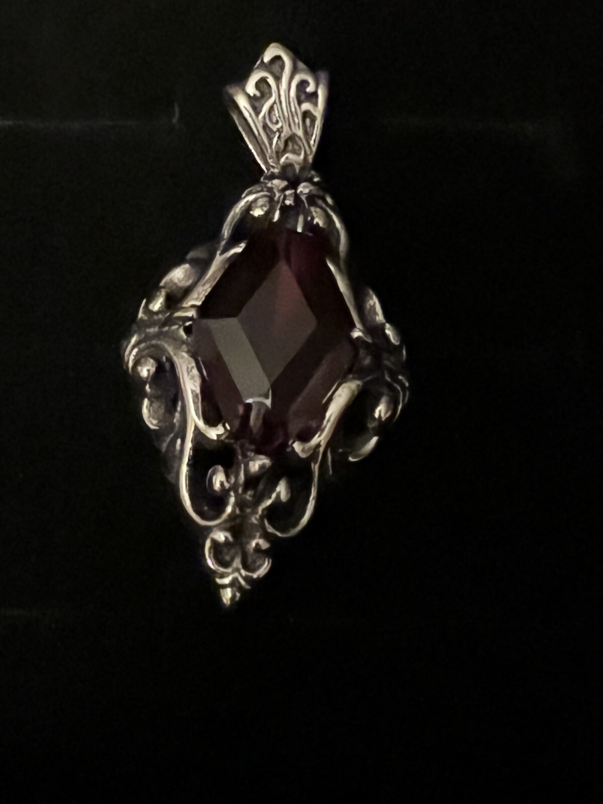 Vintage Silvertone Diamond Shaped Pendant W/ Dark Pink- Red Glass Stone