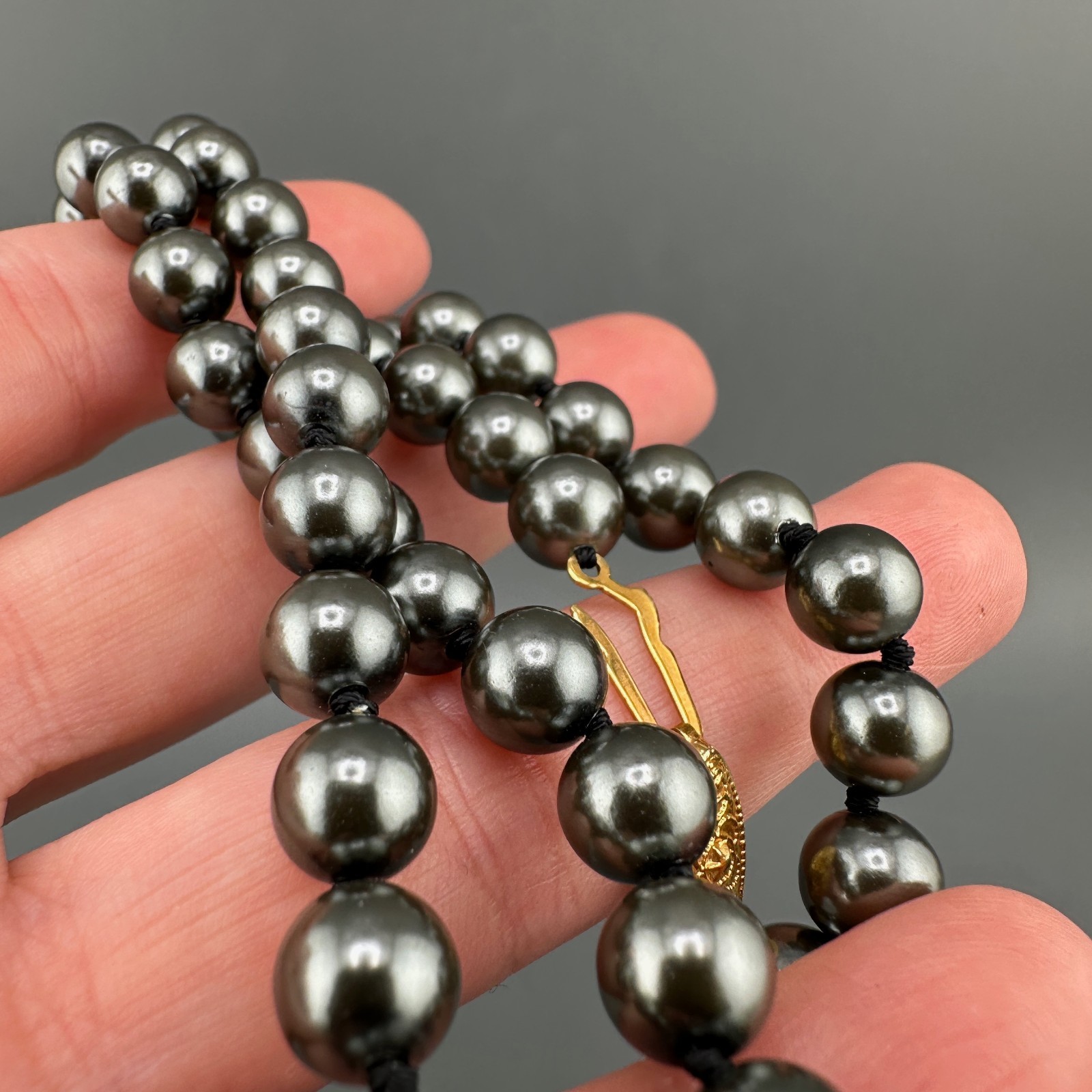 Vintage Glass Pearl Necklace Hand Knotted Charcoal Gray Gold Tone Filigree Clasp