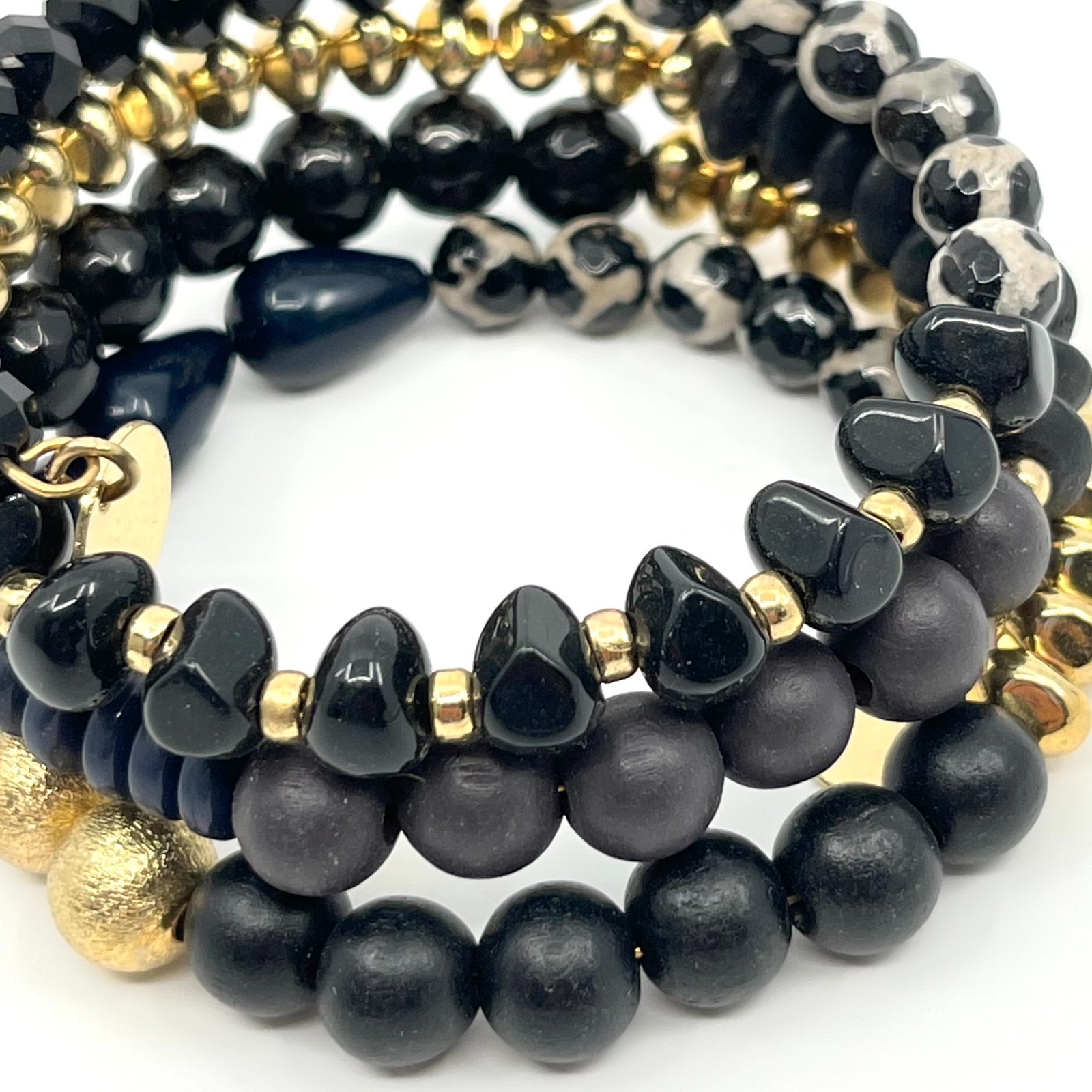 Vintage Boho Black Gold Multi-Strand Beaded Wrap Bracelet Mixed Texture Stack