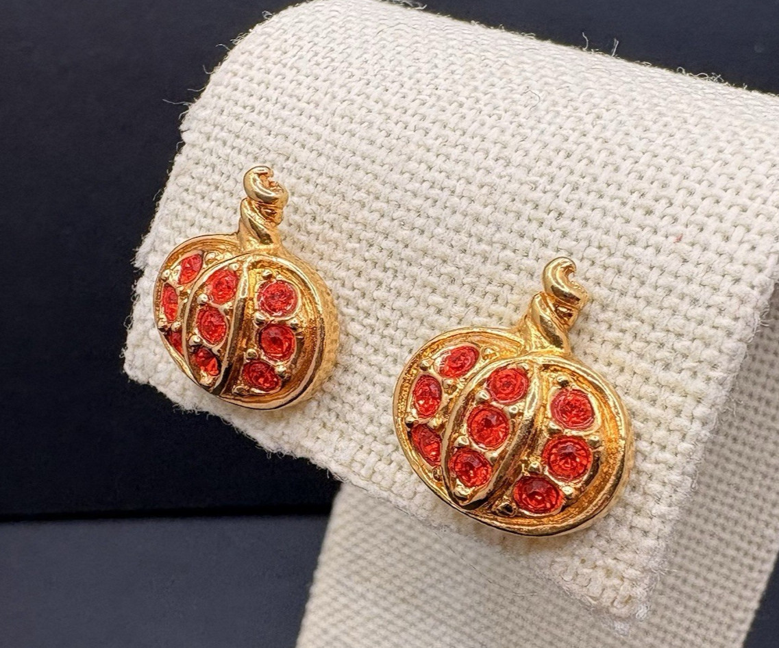 Vintage Avon Precious Pumpkin Pierced Earrings Orange Crystals Gold Tone Dainty