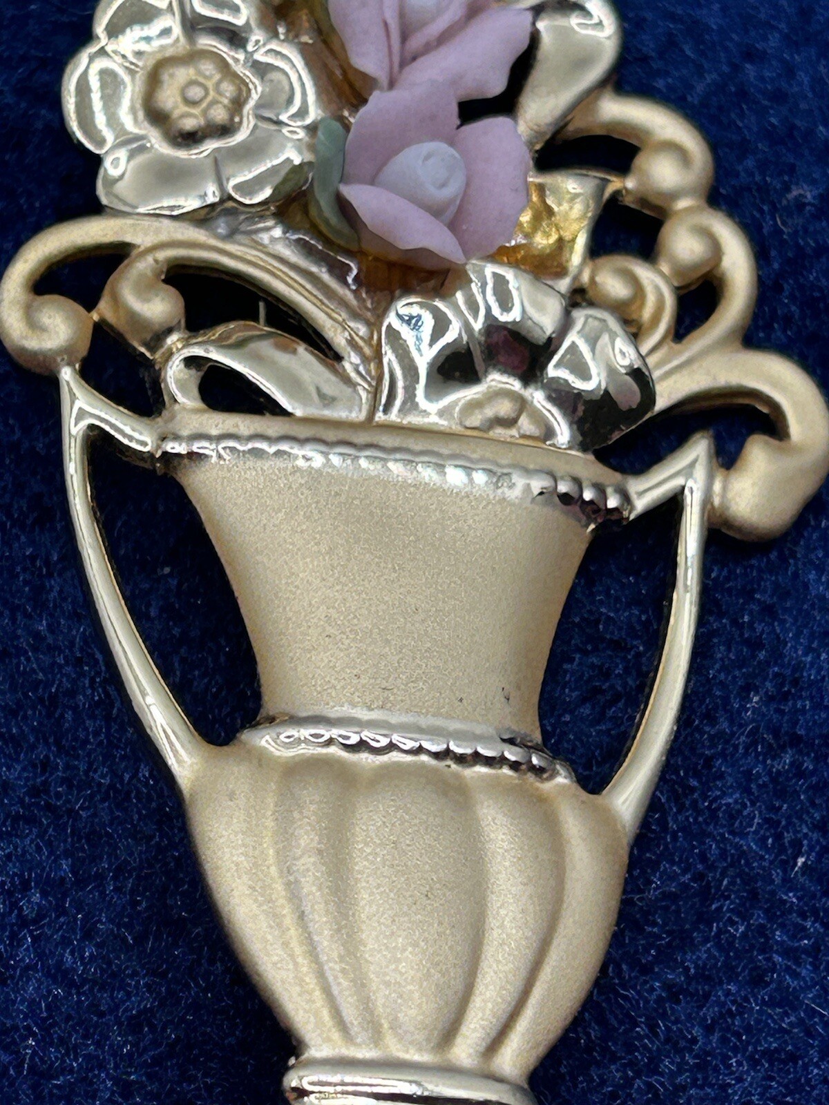 Vintage AJC Brooch Pin Floral Bouquet In Vase Porcelain Gold Tone Victorian