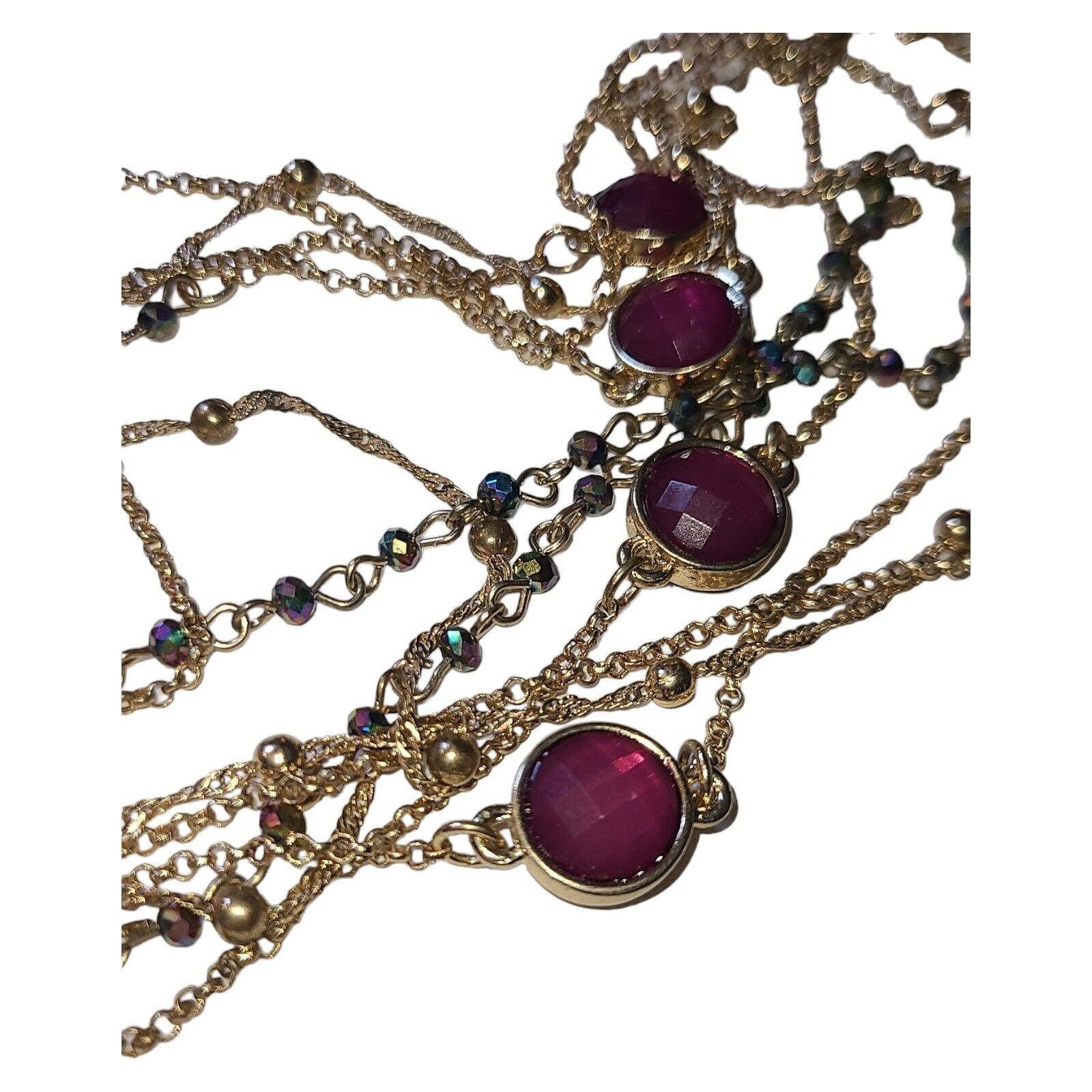 Gold Tone 3 Strand Aurora Borealis Crystal & Pink Acrylic Station Necklace 32″