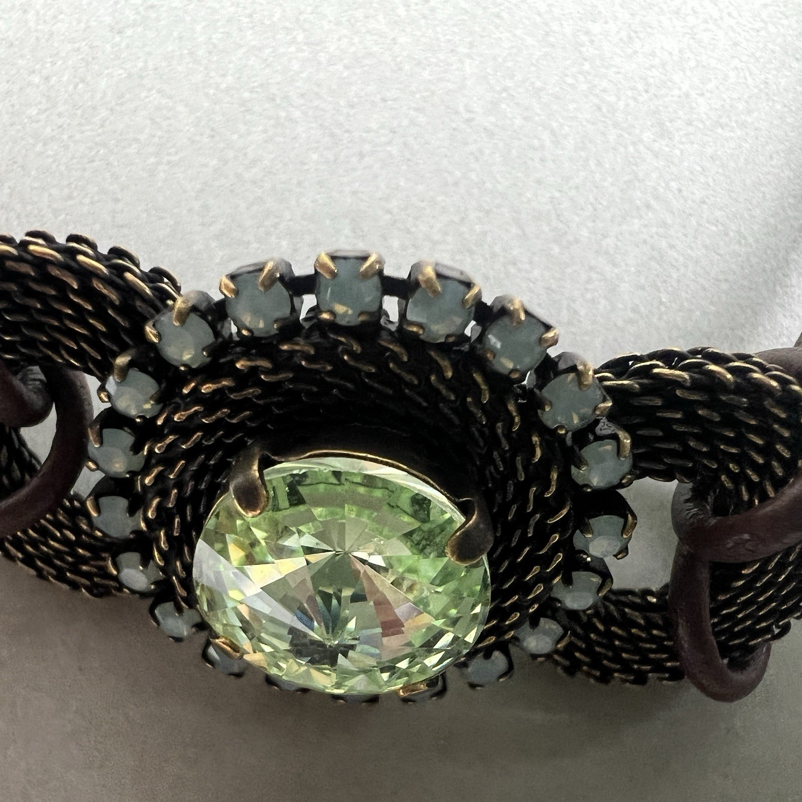 Vintage Van Galz Bracelet Leather Green Rivoli Rhinestone q3z