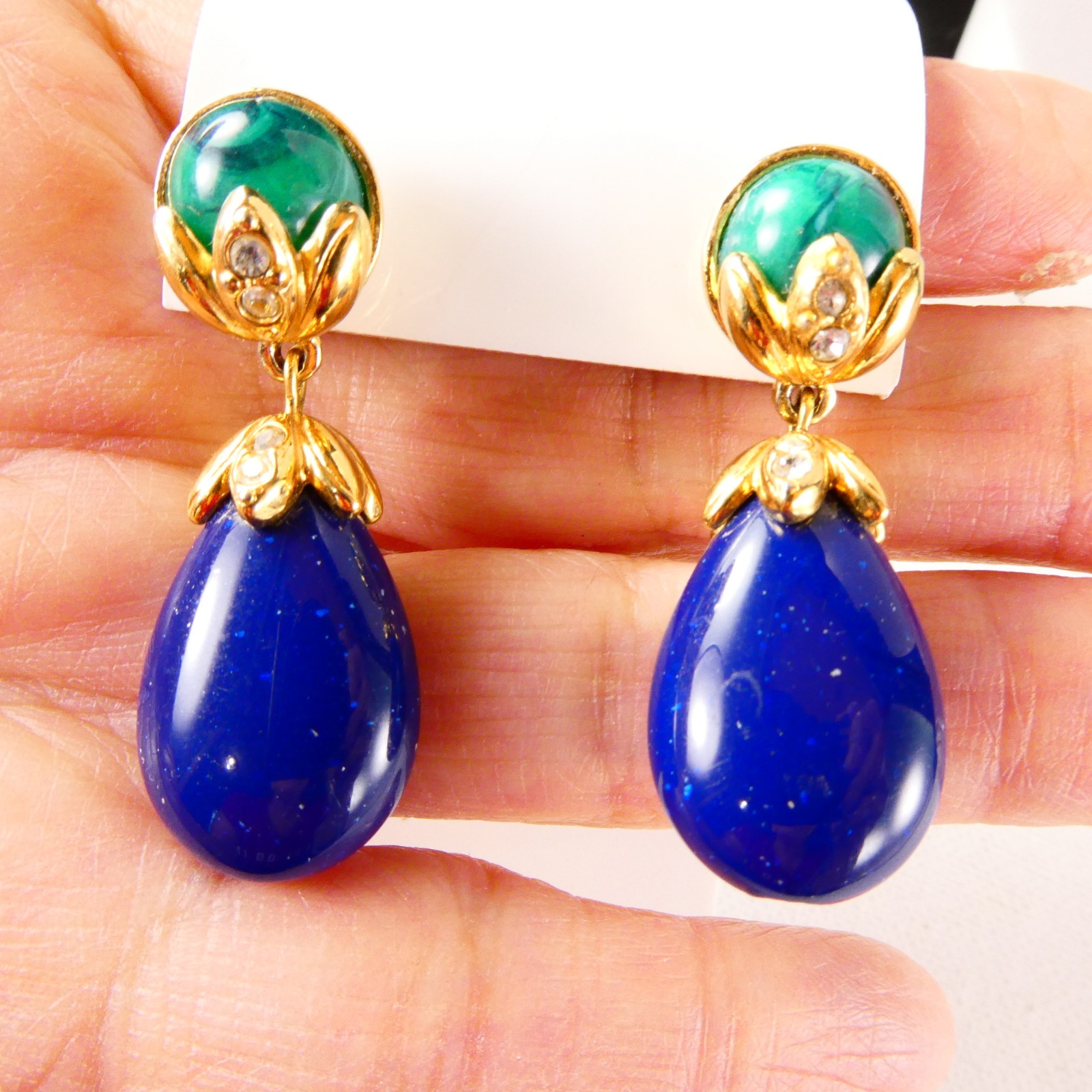 Lovely Vintage Blue & Green Teardrop Dangle Earrings Pierced Designer Quality