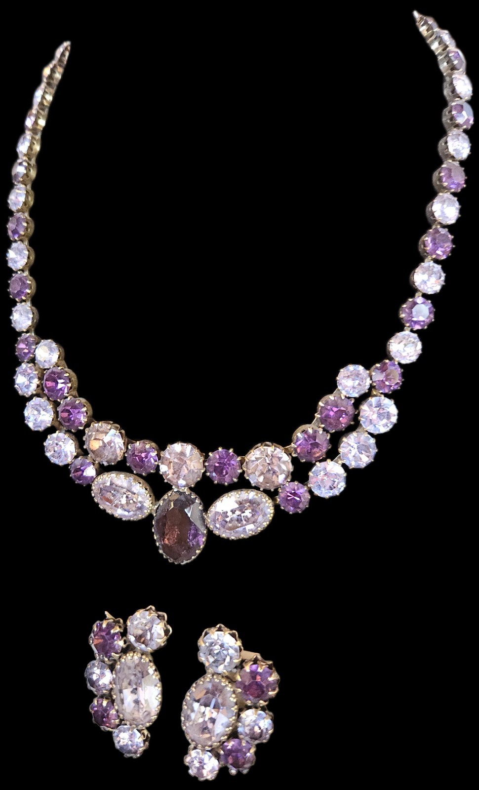 Lavender Purple and Blue Vendome Necklace and Earrings Set 1950s