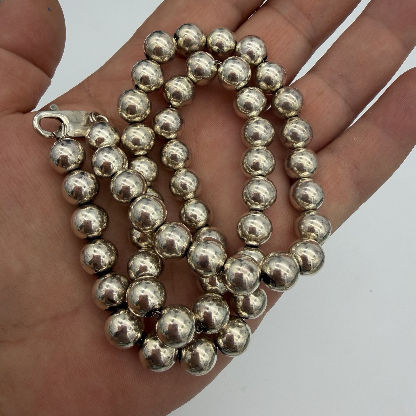 Vintage Sterling Silver Ball Bead Necklace 8.2mm Hallow Beads 17.5 “ 26.6 Gr
