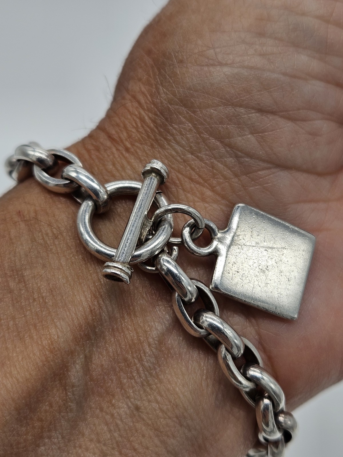Vintage Sterling Silver 925 Chunky Cable Link Toggle Clasp Bracelet 7″ 28g
