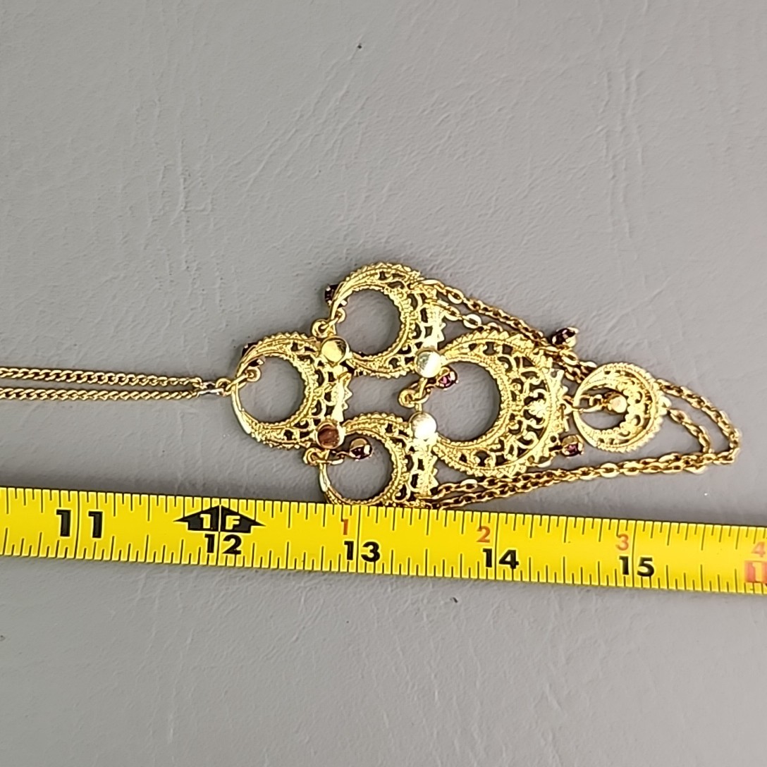 Vintage Chandelier Necklace Purple Rhinestone Gold Tone Filigree Lightweight 24″