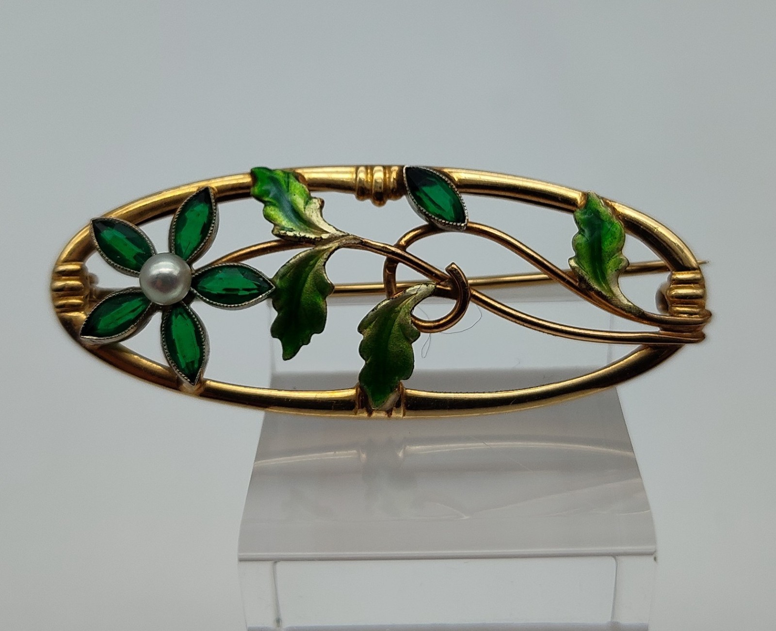 Vintage Flower Pearl Aqua Stone 10K Yellow Gold Green Enamel Brooch Pin Lapel