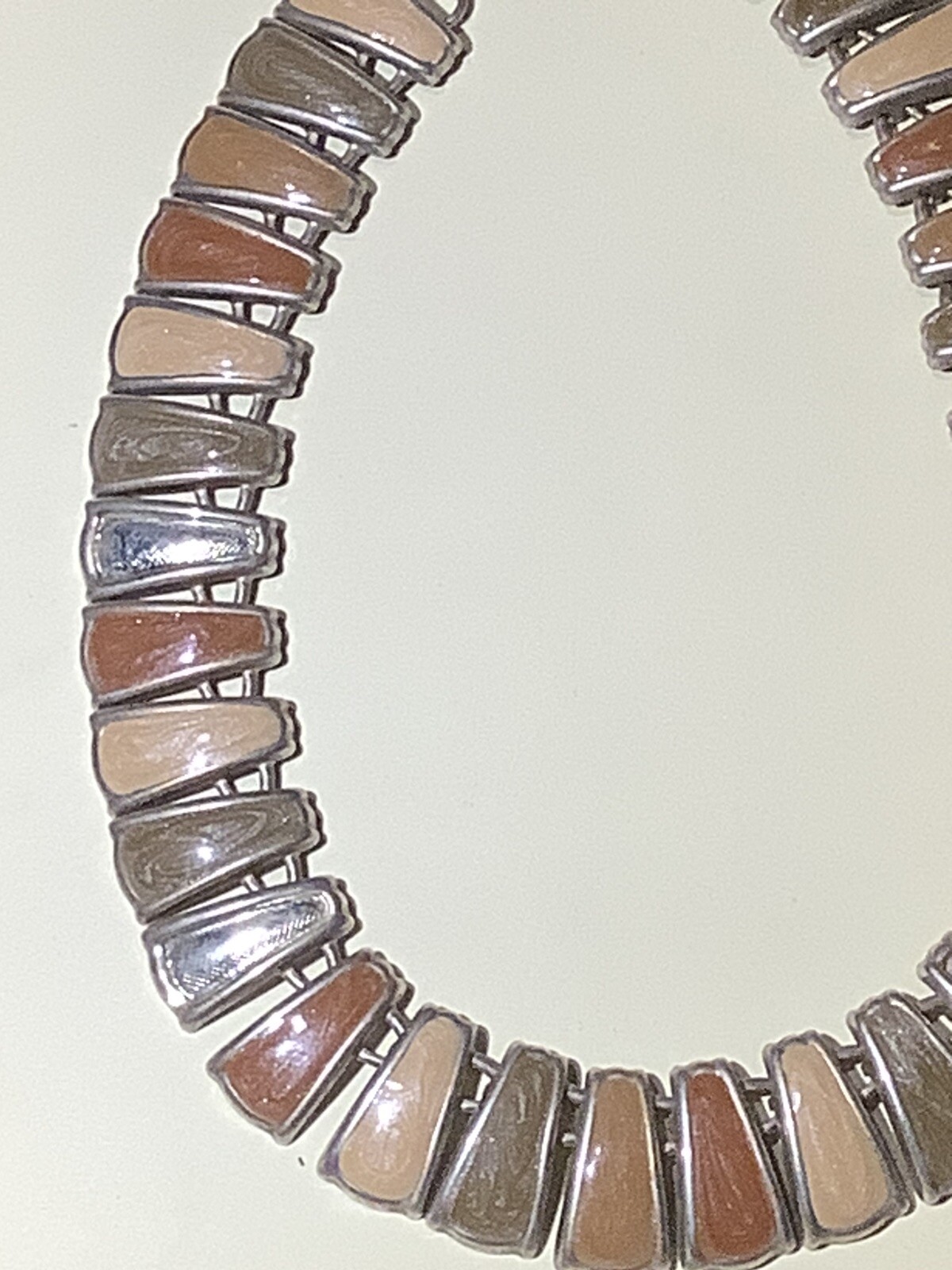 Vintage Tri Tone Brown Enamel & Silver Tone Choker Necklace 45cm Long
