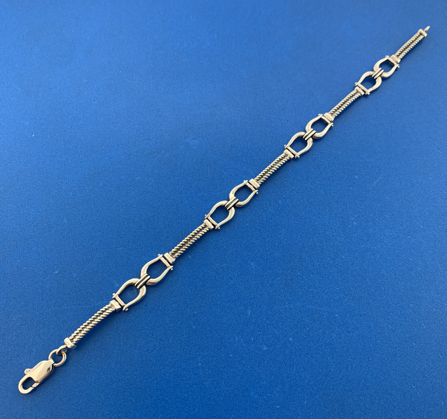 Vintage 925 Sterling Silver Belt Buckle Station Ribbed Bar Link Chain Bracelet