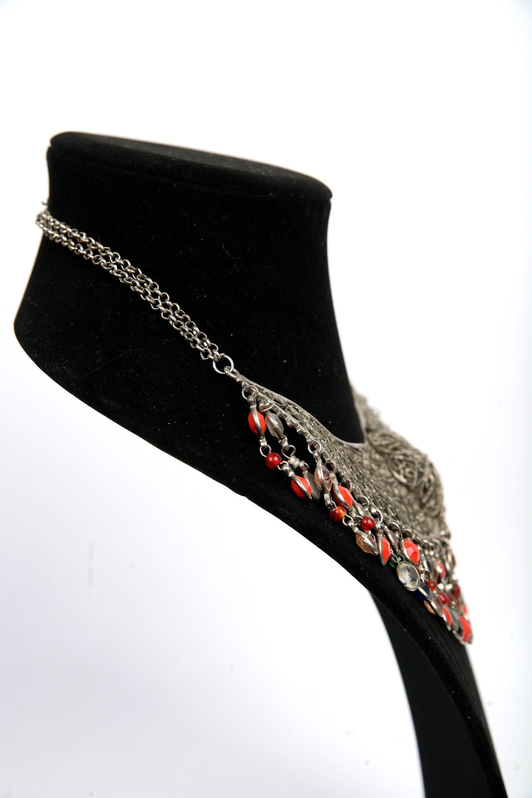 Vintage Bib Collar Choker Necklace Beaded Fringe Artisan Hand Made Mesh Filigree