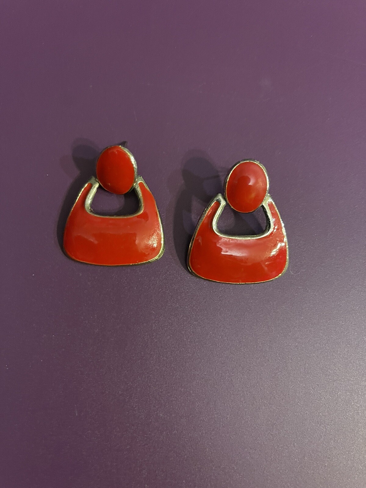 Vintage red Earrings -Signed Made in USA AC- silver Tone Metal