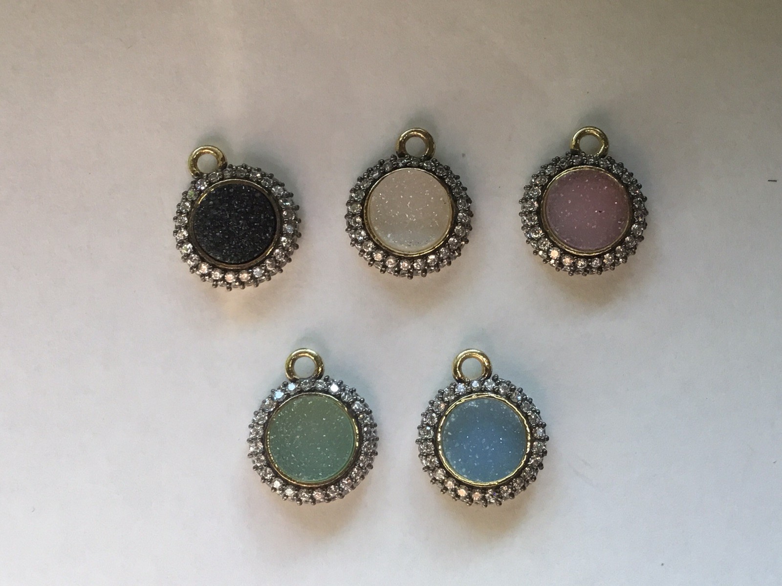 Natural/dyed round Druzy with clear topaz, GP/SS Pendant Charm, 5 pcs SET
