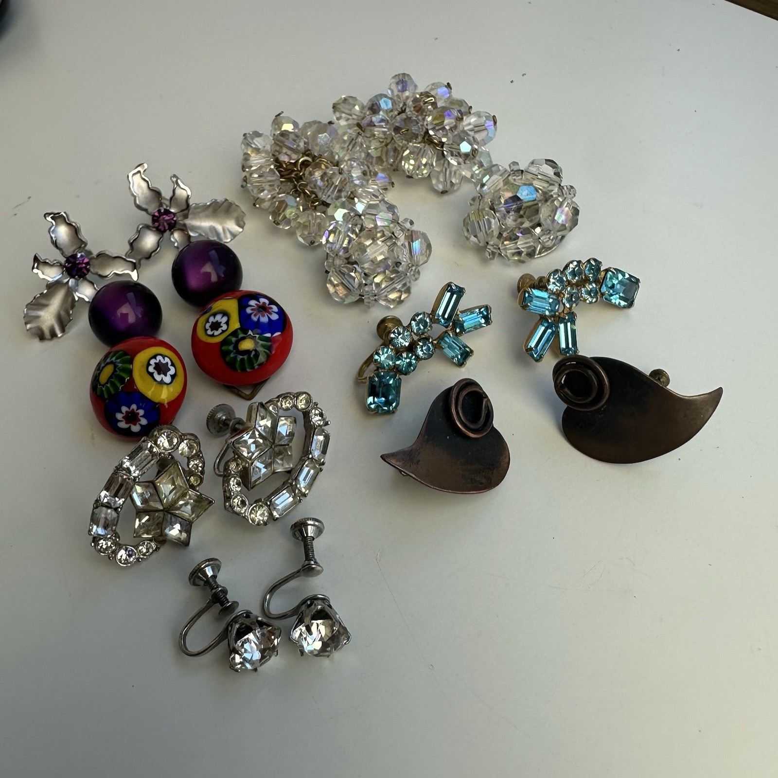 Vintage Clip On Earring Lot Millefiore Hollycraft Star Orchid Moonglow Purple