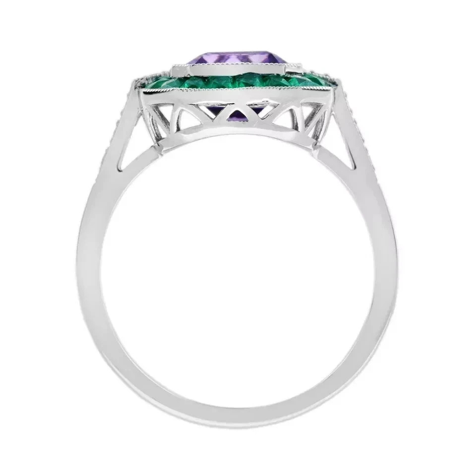 4Ct Art Deco Style Emerald & Amethyst Lab Created Diamond 14K White Gold FN Ring