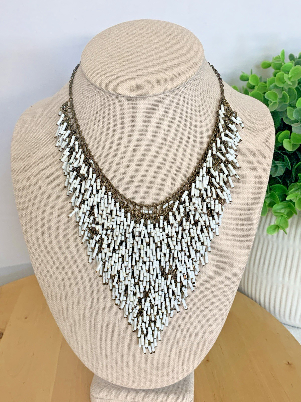 Vintage Beaded Fringe Bib Necklace White Bugle Bead Cascade Statement