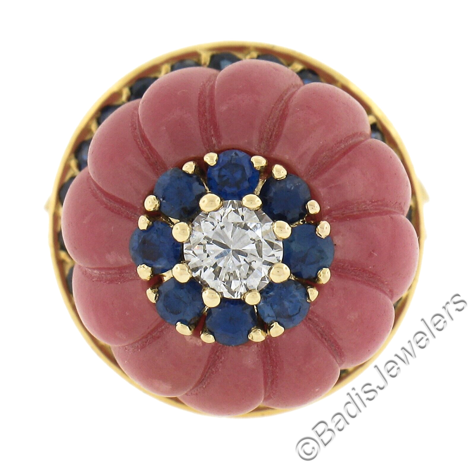 Gold Carved Rose Quartz 1.52ctw Sapphire & Diamond Flower High Profile Ring