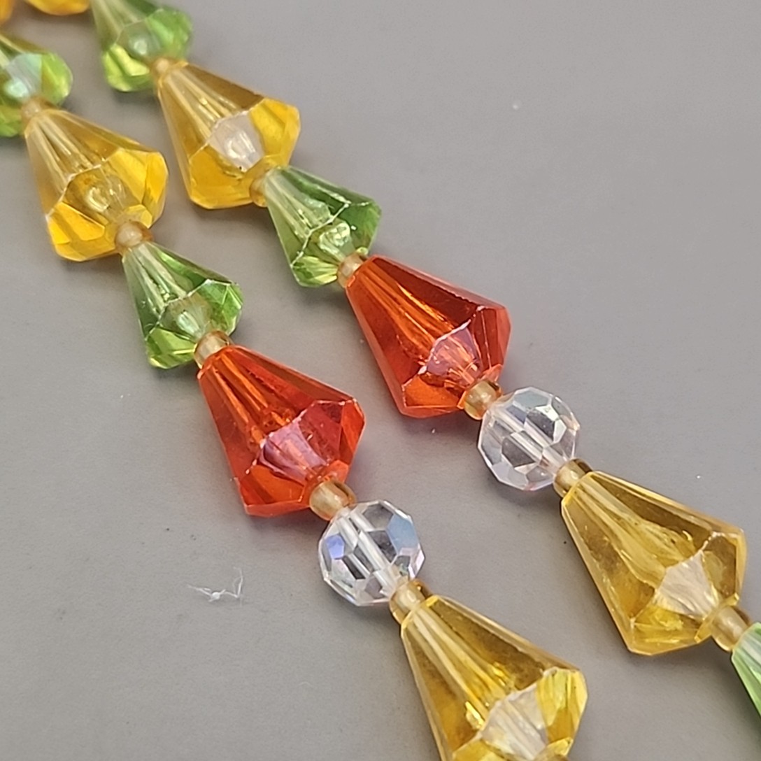 Vintage Plastic Beaded Necklace West Germany Orange Green Yellow AB Glass 20″