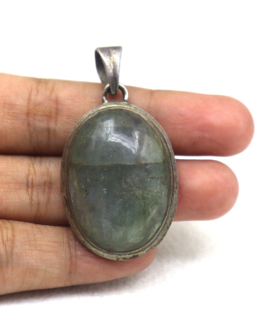 925 Sterling Silver Natural Green Beryl Oval Pendant Gemstone Jewelry 9.64 G