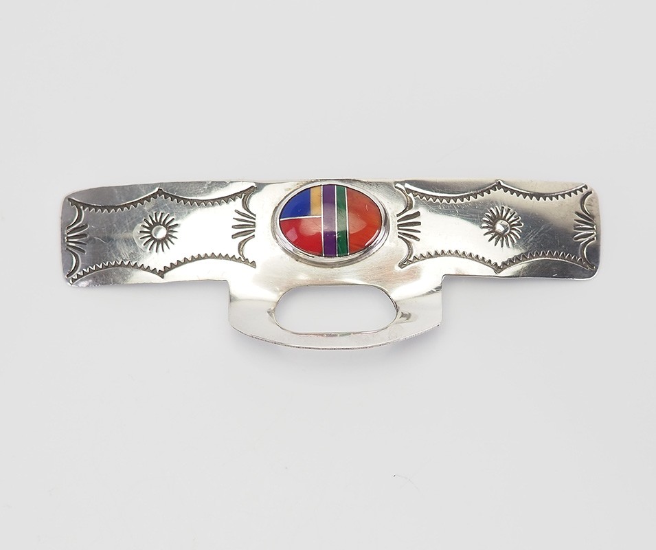 Vintage Native American sterling silver inlaid gemstones pin by Ben J Chavez