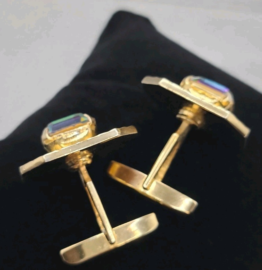 Vintage Gold-Tone Cufflinks & Tie Clip Set w Iridescent Stone Mid Century Swank