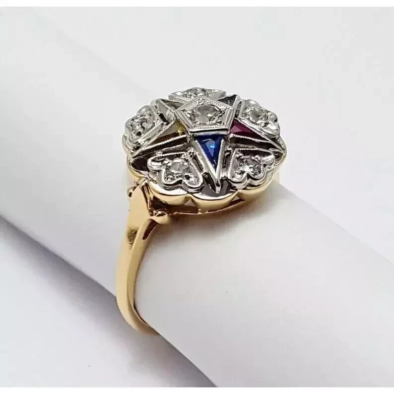 Eastern Star Multi-Color Lab Created Diamond 14K Gold FN Art Deco Wedding Ring