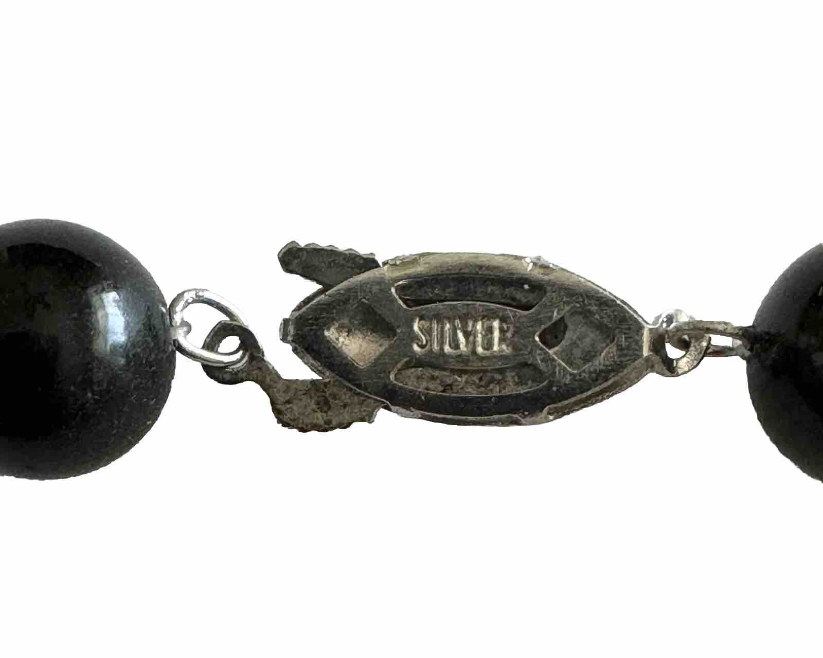 Black Onyx Beaded Necklace With Silver Fish Hook Clasp 16” 58g Weight