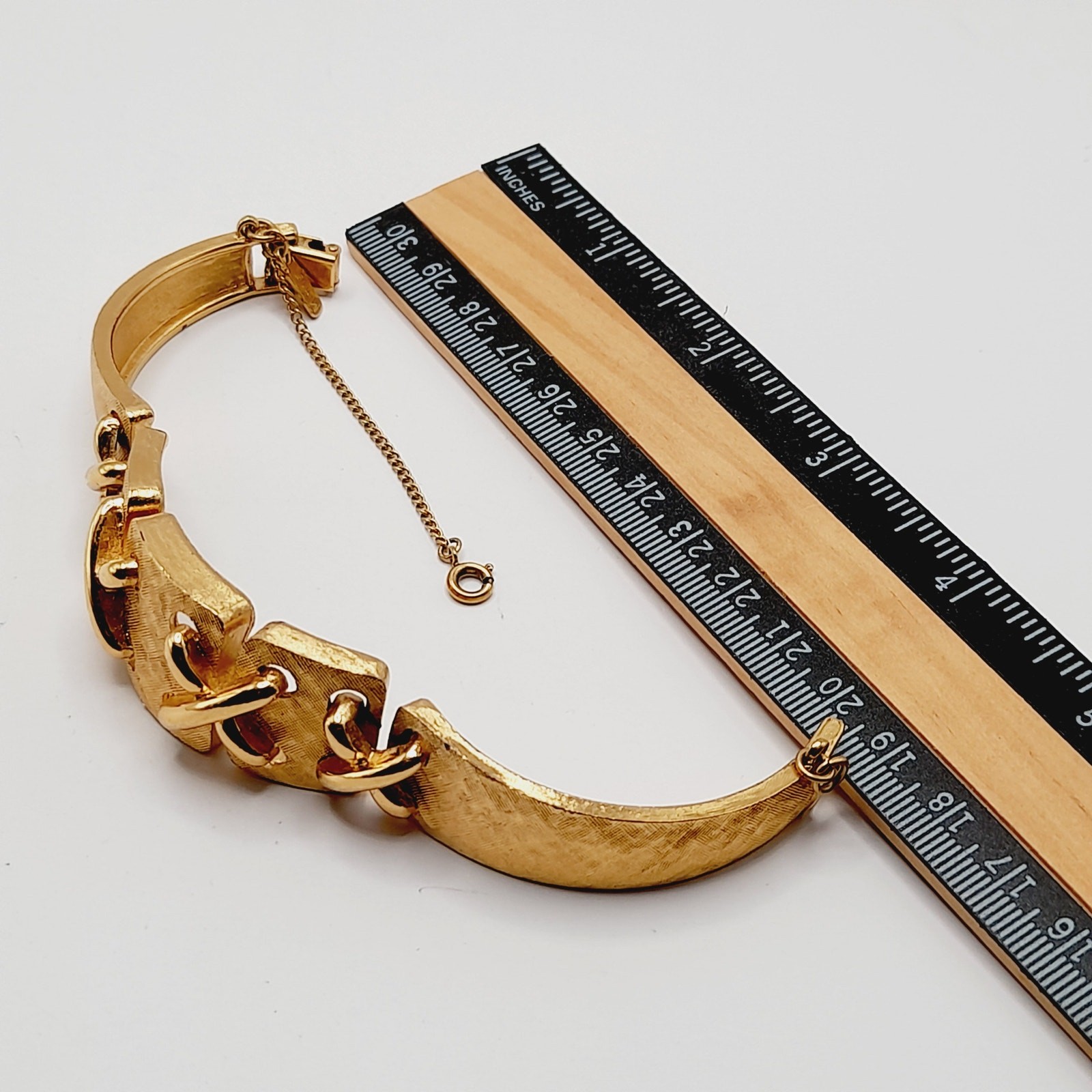 Vintage Monet Gold Tone Panel Bracelet Fold Over Clasp Safety Chain