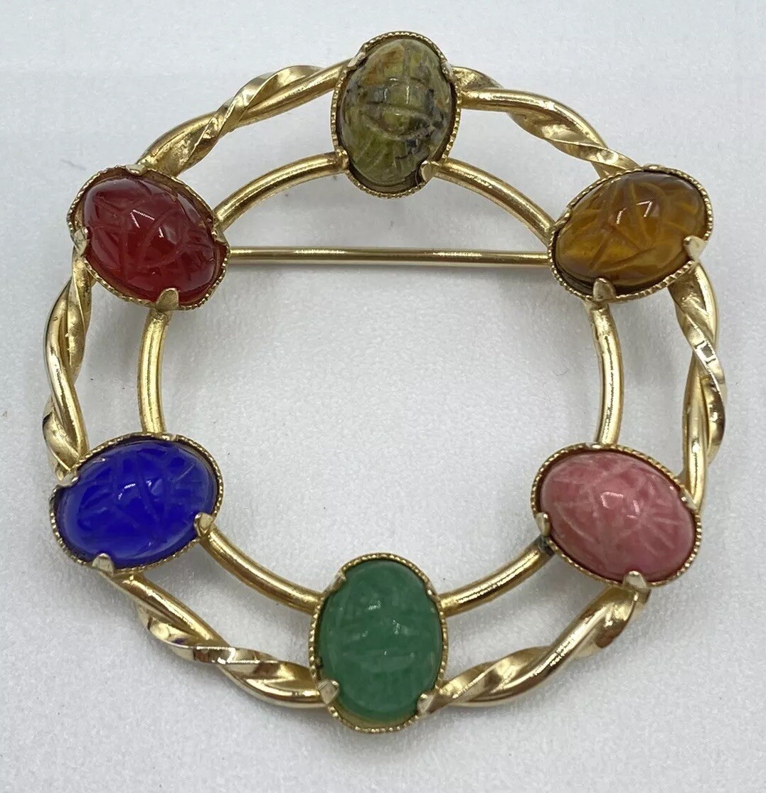 DIXELLE Brooch Signed SCARAB GEMSTONE ROUND PIN 1/20 12K GOLD FILLED 1 1/4″