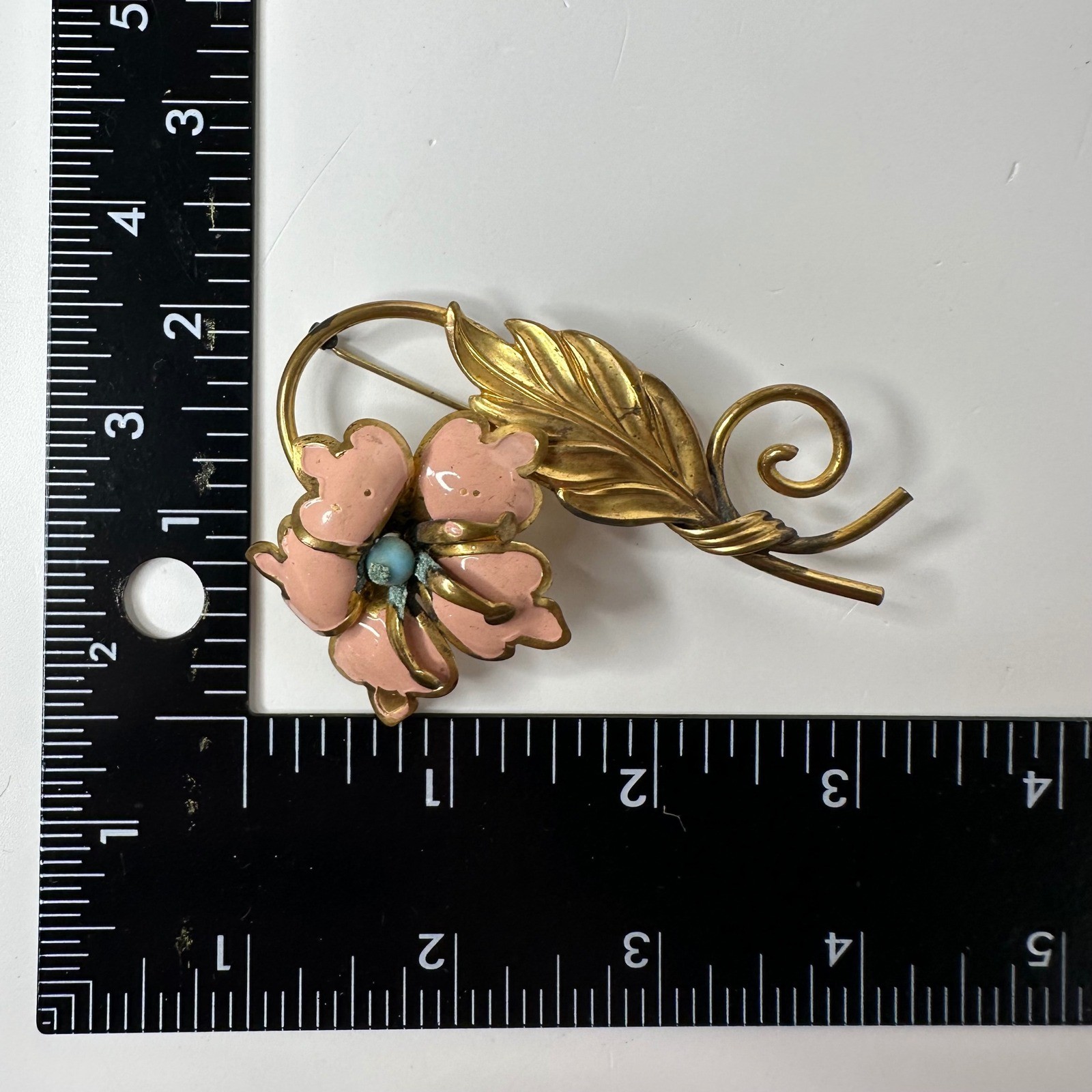 Vintage Pink Enamel Flower Brooch Gold Tone Leaf Blue Bead Pin Spring Romantic