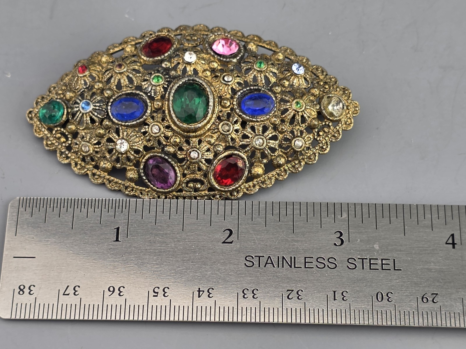 Vintage New England Glass Works Czech Filigree MultiColored Gemstones Pin Brooch