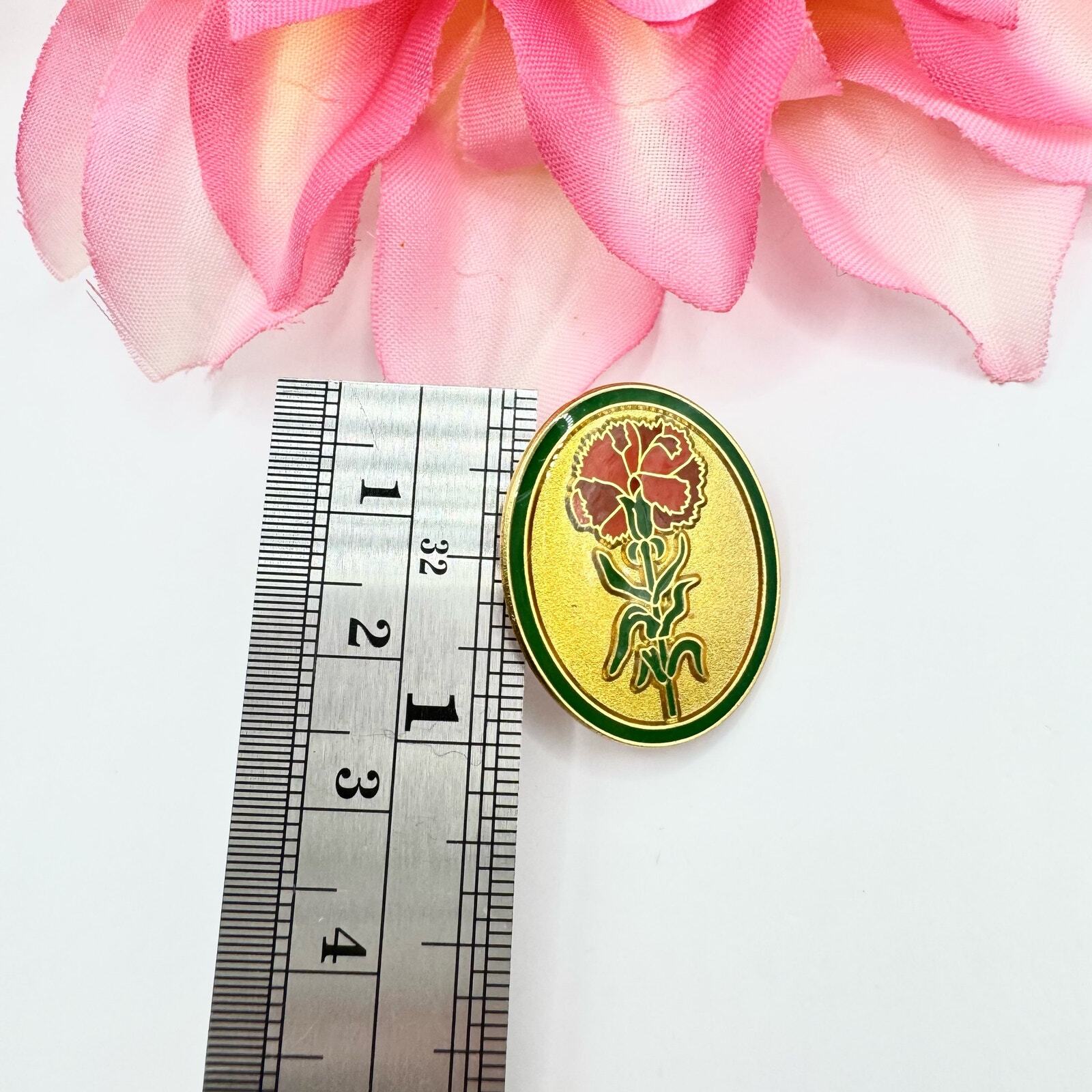 Vintage Red Carnation Flower Lapel Pin Valley Casting Signed Oval Enamel Lacquer