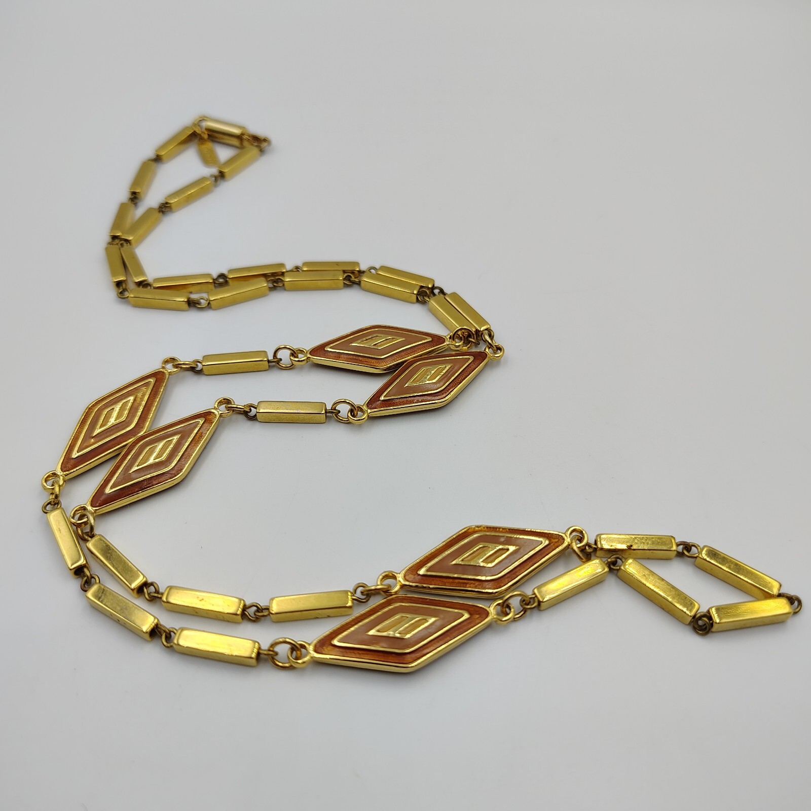 Vintage Orena Paris Gold Tone Enamoring Geometric Station Long Necklace