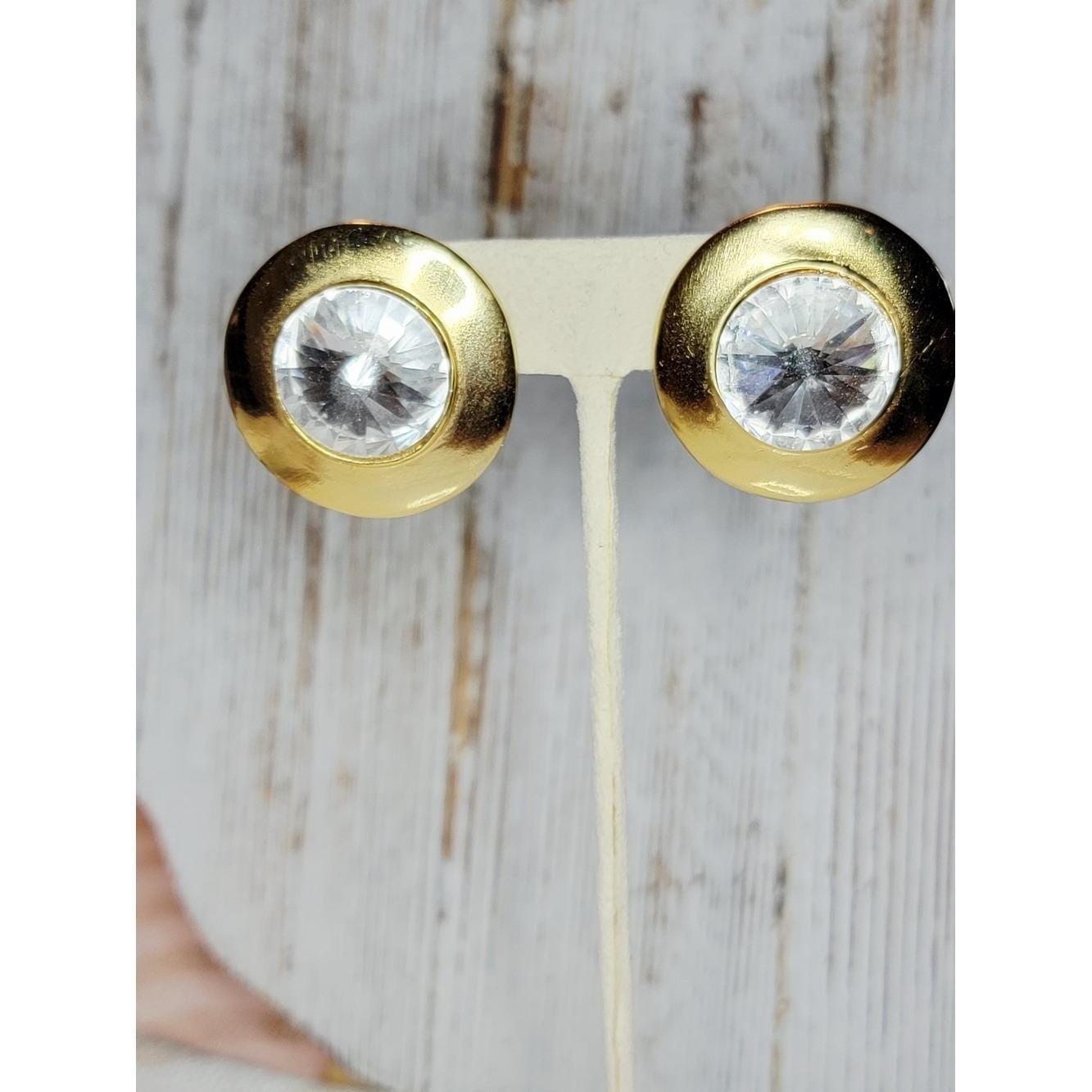 Vintage Gold Tone Crystal Clip On Earrings Large Faceted Rhinestone Statement