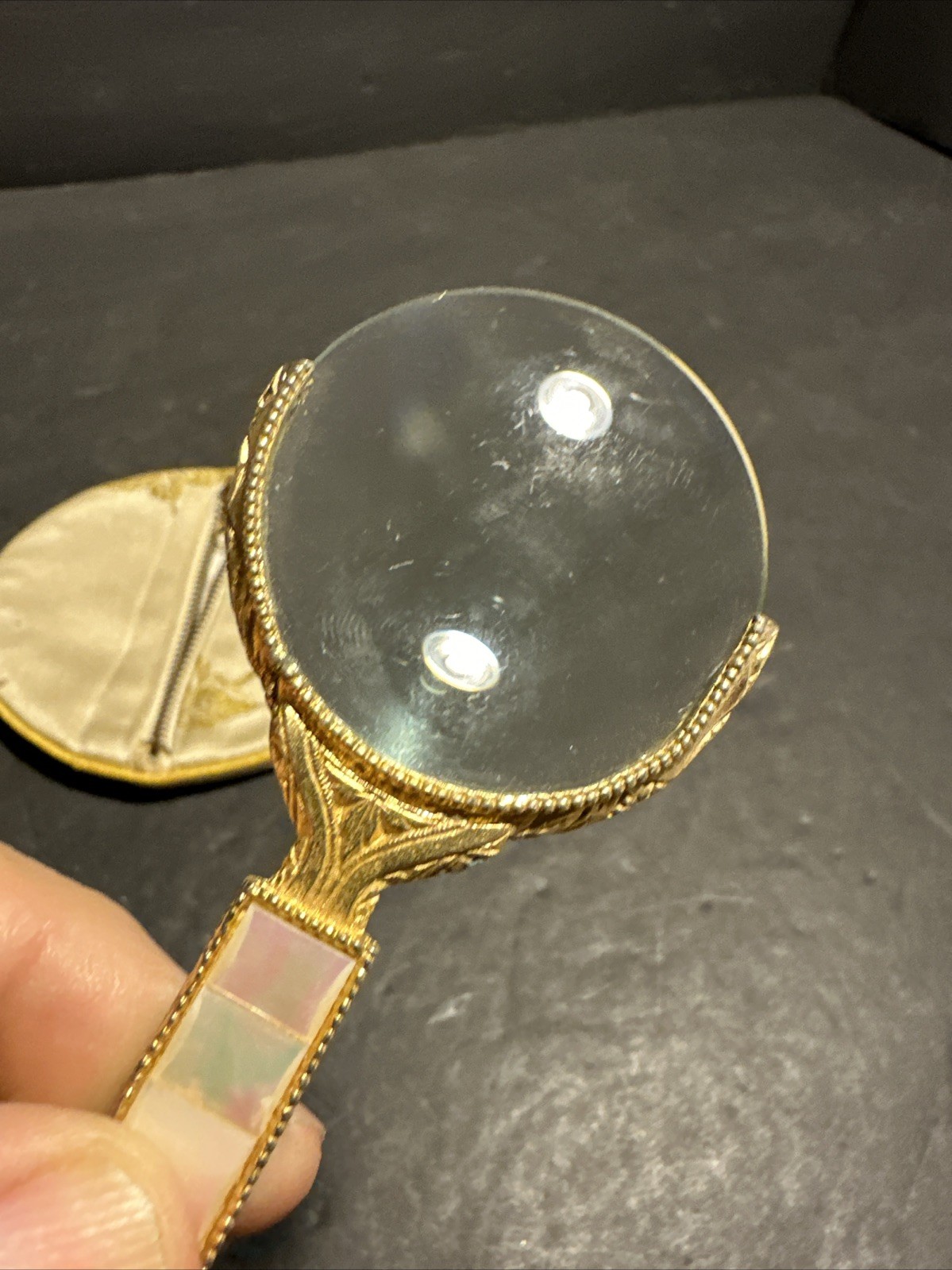 Art Deco Ornate Gold Mother of Pearl Magnifying Glass Circa 1920’s Measures 4#M4