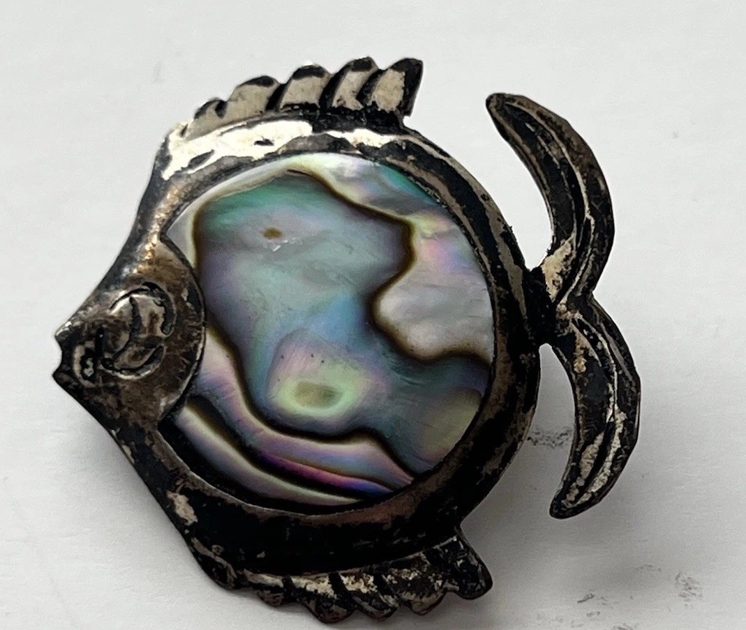 Vintage Taxco Mexico FRH 925 Sterling Silver Abalone Fish Pin Brooch Artisan Mex