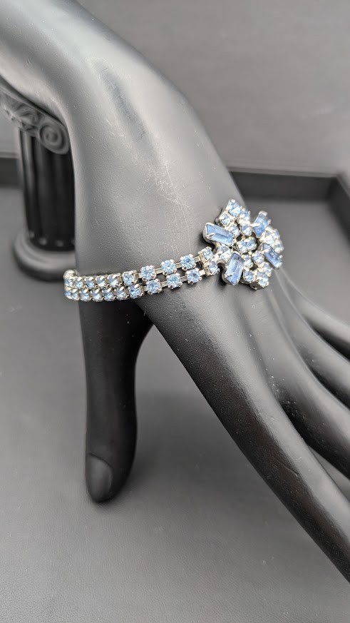 Vintage Rhinestone Bracelet Earrings Set Blue Crystal Silver Tone