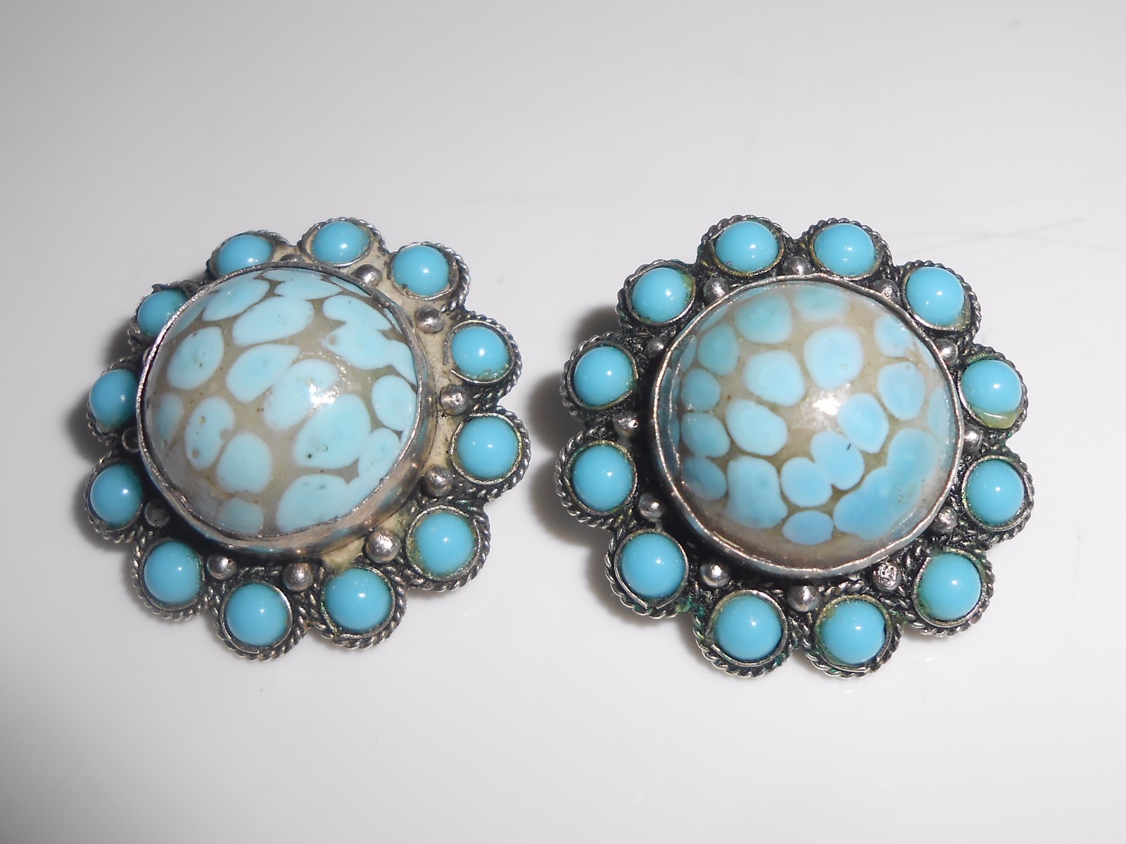 Cannetille Earrings Turquoise Glass 900 Silver Clip Backs Marked YT Antique