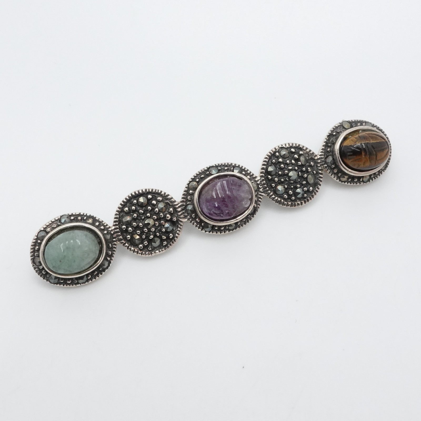 Silver Pave Marcasite Amethyst Tiger’s Eye Jade Scarab Bar Brooch Pin